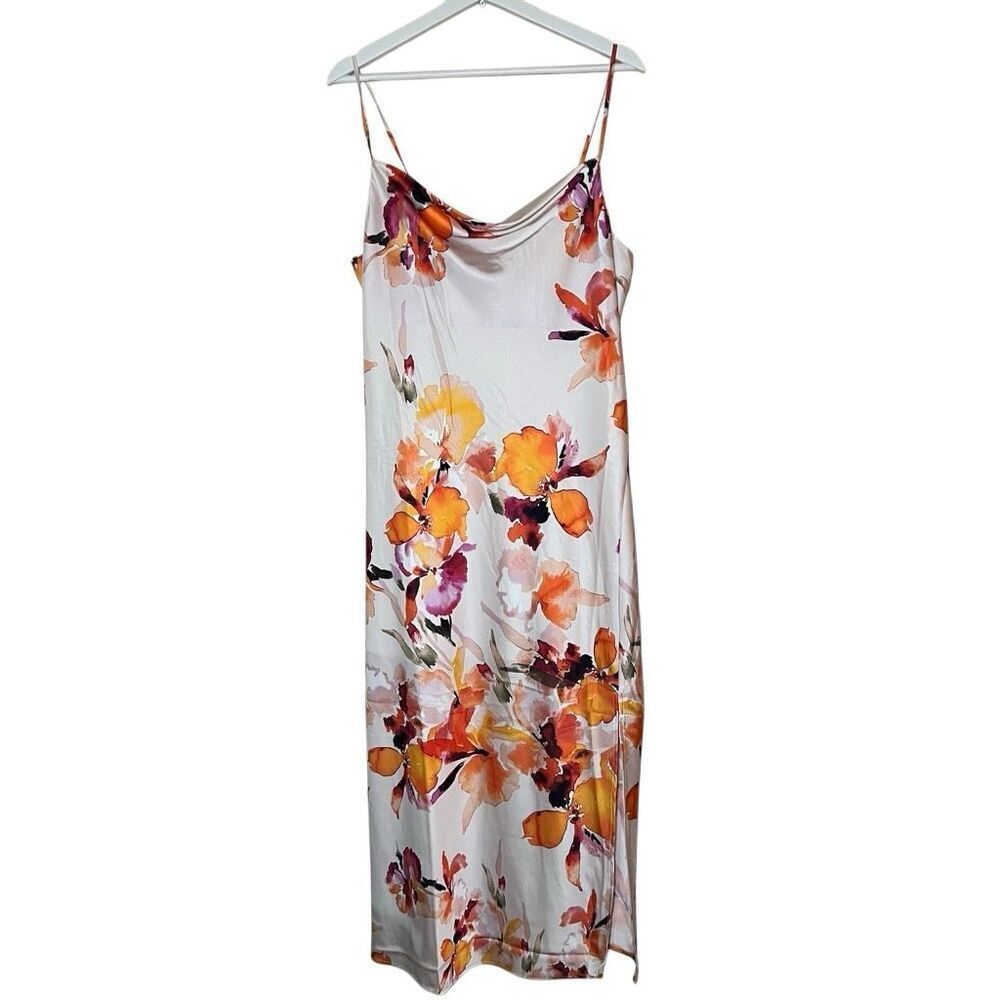 NWT Socialite Satin White Orange Floral Print Cowl Neck Midi Slip Dress XL